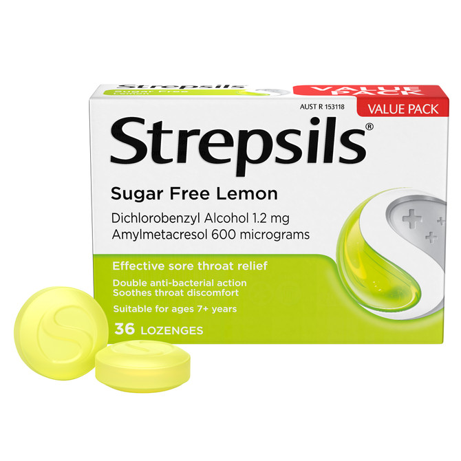 Strepsils Sore Throat Relief Sugar Free Lemon 36 Pack