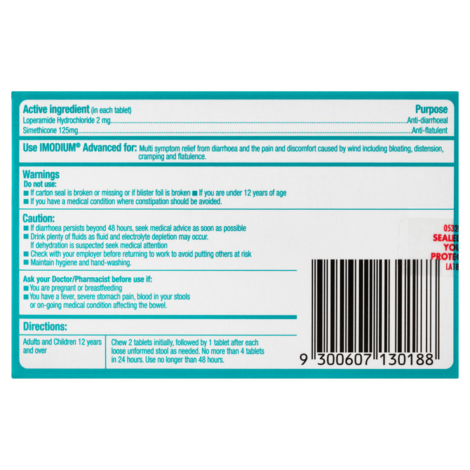 Imodium Advanced Diarrhoea Plus Wind Pain Relief Chewable Tablets 6 Pack