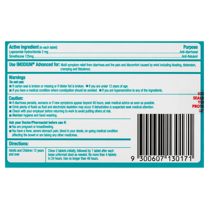Imodium Advanced Diarrhoea Plus Wind Pain Relief Chewable Tablets 12 Pack