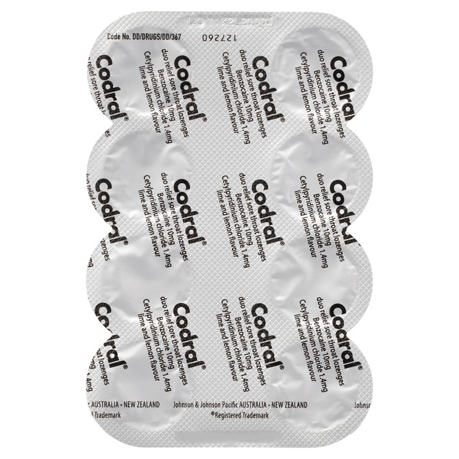 Codral Sore Throat Relief Lozenges Antibacterial + Anaesthetic Lime & Lemon 16 Pack