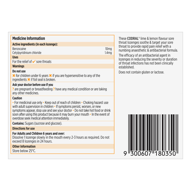 Codral Sore Throat Relief Lozenges Antibacterial + Anaesthetic Lime & Lemon 36 Pack