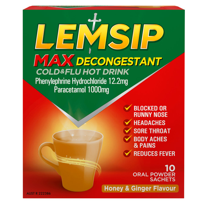Lemsip Max Cold & Flu with Decongestant Honey & Ginger 10