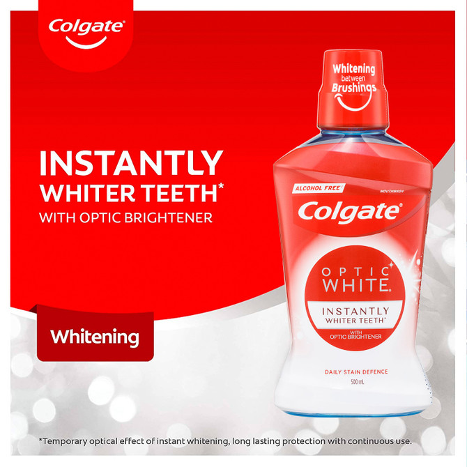 Colgate Optic White Teeth Whitening Mouthwash, 500mL, with Optic Brightener, Alcohol Free