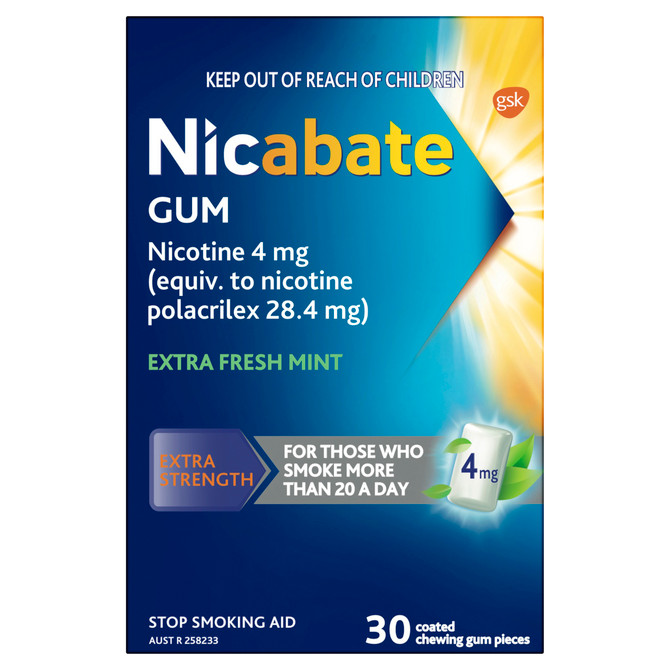 Nicabate Gum Stop Smoking Nicotine 4mg Extra Strength Extra Fresh Mint Coated Chewing Gum 30 Pack