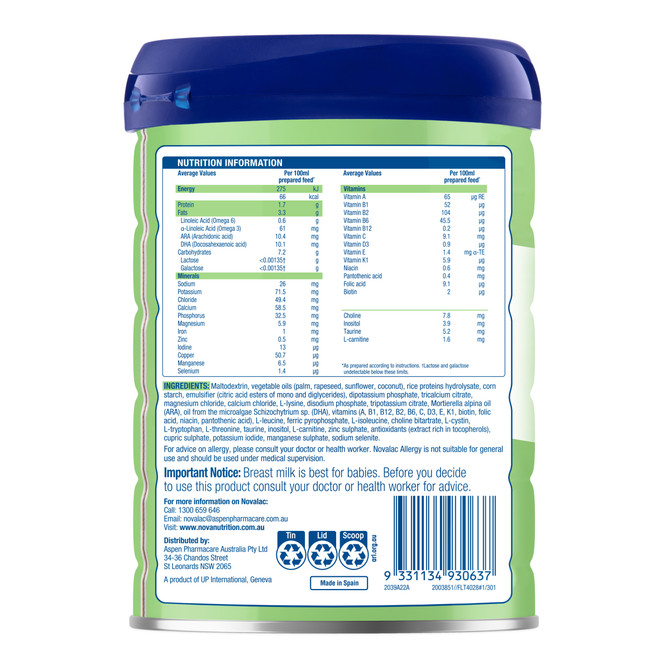 Novalac Allergy Premium Evidence Based Specialty Infant Formula Powder 800g