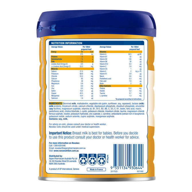 Novalac Colic Premium Evidence Based Specialty Infant Formula Powder 800g