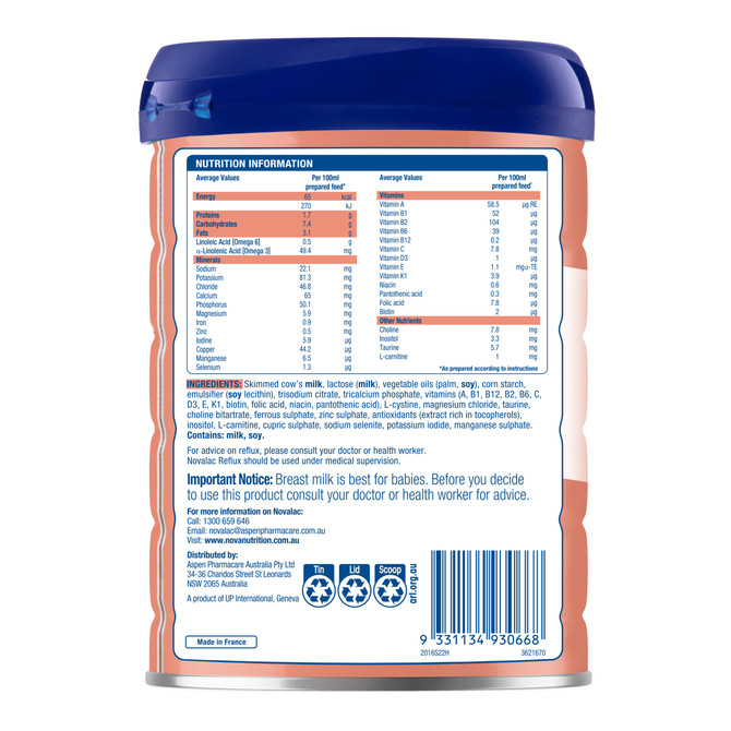 Novalac Reflux Premium Evidence Based Specialty Infant Formula Powder 800g