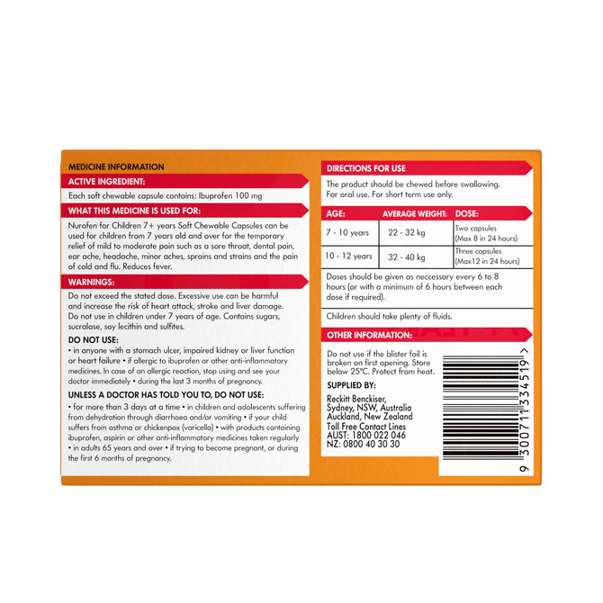 Nurofen For Children 7+ Orange Chewable Capsules 12