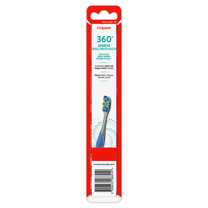 Colgate 360° Advanced Whole Mouth Health Manual Toothbrush, 1 Pack, Soft Bristles with 4 Zone Bacteria Removing Action