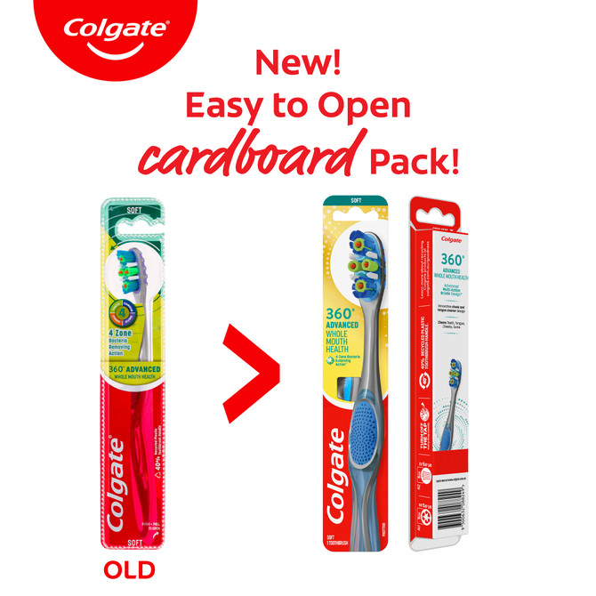 Colgate 360° Advanced Whole Mouth Health Manual Toothbrush, 1 Pack, Soft Bristles with 4 Zone Bacteria Removing Action