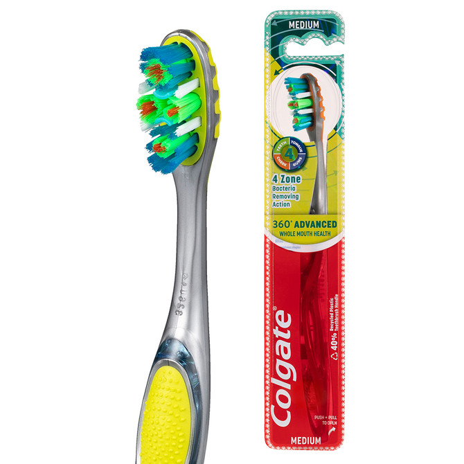 Colgate 360° Advanced Whole Mouth Health Manual Toothbrush, 1 Pack, Medium Bristles with 4 Zone Bacteria Removing Action