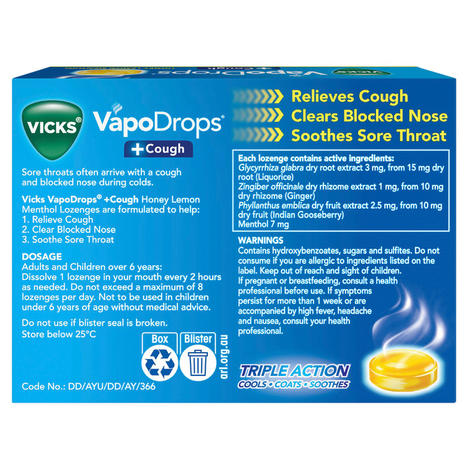 Vicks VapoDrops +Cough Lemon Menthol 16 Lozenges – Cough & Cold