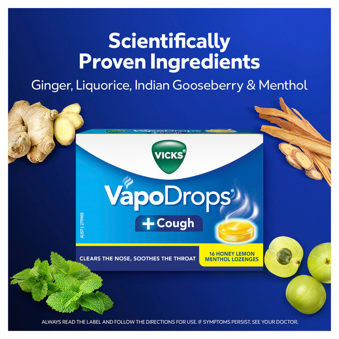 Vicks VapoDrops +Cough Lemon Menthol 16 Lozenges – Cough & Cold