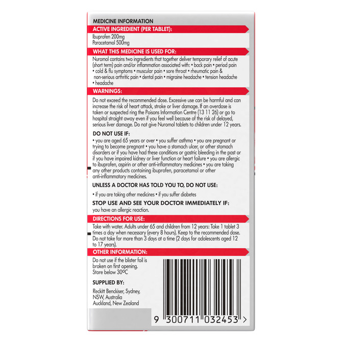 Nuromol 200mg Strong Pain Relief Tablets Ibuprofen/500mg Paracetamol 12 pack