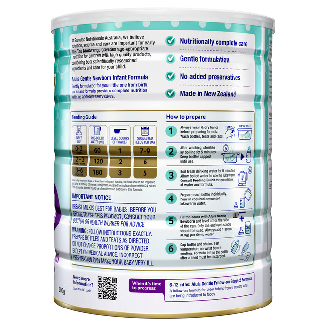 Alula Gentle Newborn Stage 1 Infant Formula 0-6 Months 900g