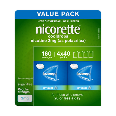 Nicorette Quit Smoking Regular Strength Cooldrops Nicotine Lozenge Icy Mint 8 x 20 Pack