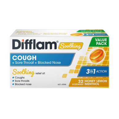 Difflam Soothing Cough, Sore Throat + Blocked Nose Lozenges Honey Lemon Menthol 32 Lozenges