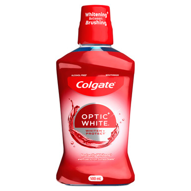 Colgate Optic White Teeth Whitening Mouthwash, 500mL, with Optic Brightener, Alcohol Free