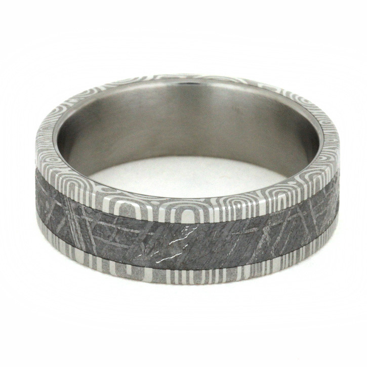 7 mm Damascus Steel and Gibeon Meteorite Wedding Ring - D779M