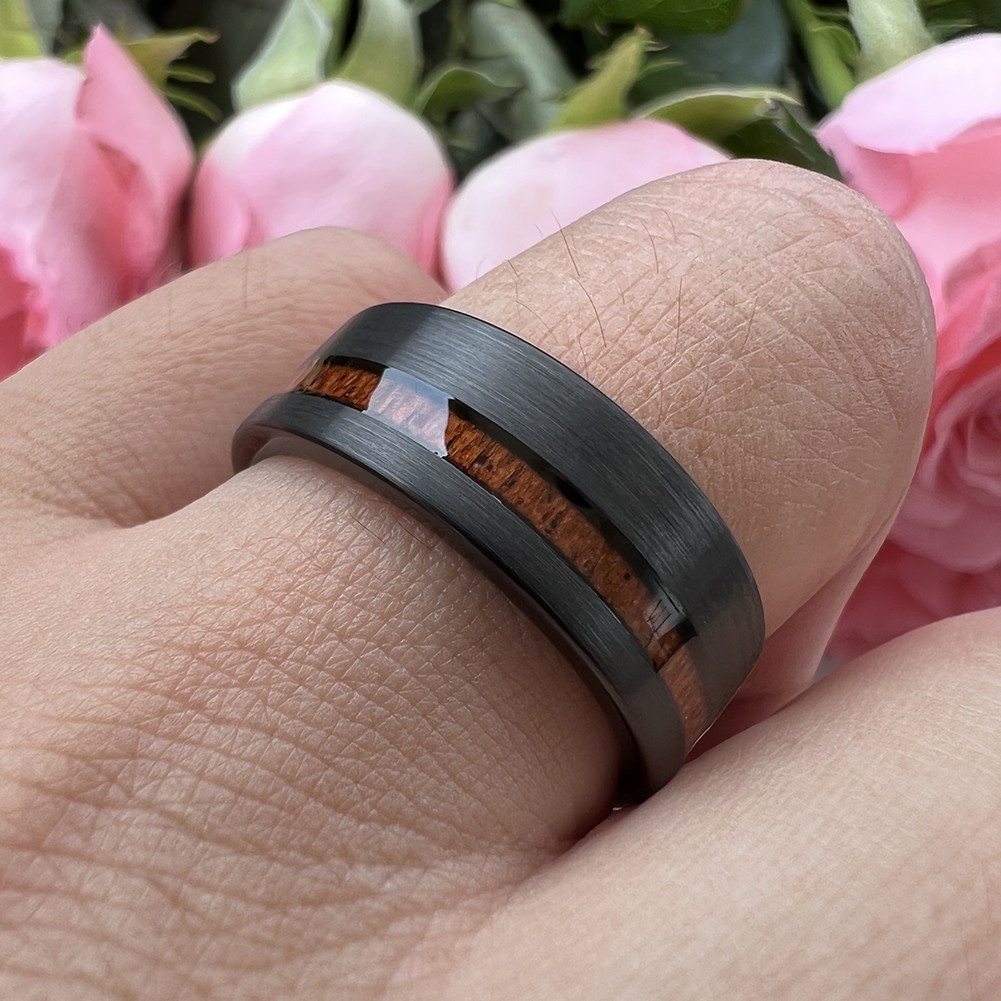 8 mm Black Tungsten Band with Off-set KOA wood - BK406WG