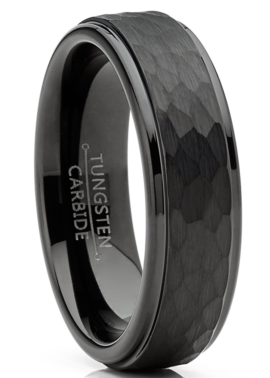 6 mm Black Tungsten Hammered Finish Wedding Band - H677C