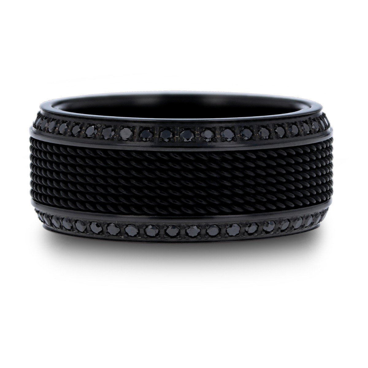 トリトン メンズ リング アクセサリー Men's Black Sapphire Beveled-Edge Band (1/2 ct. t.w.) in White Tungsten Carbide トリトン メンズ リング アクセサリー Men\u0027s Black Tread Design Band