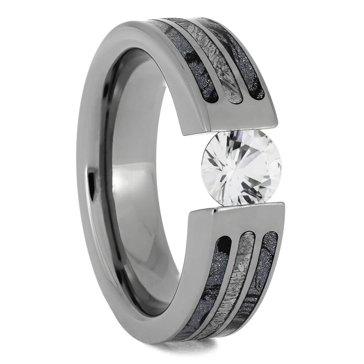 Meteorite Wedding Ring Set With Tension Set Engagement Ring