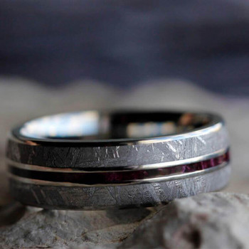7 mm Titanium with Purple Box Elder Wood and Meteorite Ring - BE011M