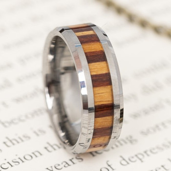 8 mm Mens Wedding Bands, Bamboo/KOA Wood Inlay Tungsten - E443C