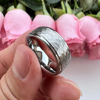 8 mm 18 kt. White Gold Tungsten Band with Hammered Finish - T049C