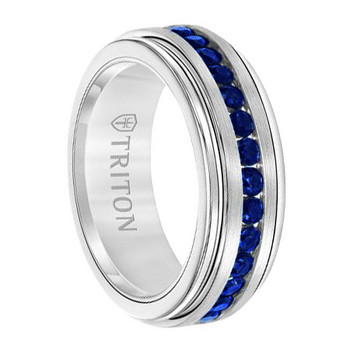 8 mm 1.5 cwt Dark Blue Sapphires Wedding Band White Tungsten - T715FG 8 mm 1.5 cwt Dark Blue Sapphires Wedding Band White Tungsten - T715FG