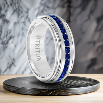 8 mm 1.5 cwt Dark Blue Sapphires Wedding Band White Tungsten - T715FG 8 mm 1.5 cwt Dark Blue Sapphires Wedding Band White Tungsten - T715FG