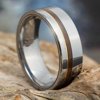 8 mm Dinosaur Bone and 14 kt Gold Mens Wedding Bands in Tungsten - DB642M