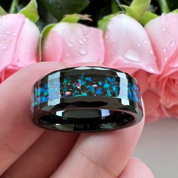 8 mm Mens Wedding Bands, Blue Opal Crystals in Black Tungsten