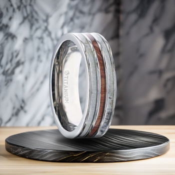 8 mm Titanium Dual Deer Antler & Tripoli Wood Band - T000TR 8 mm Titanium Dual Deer Antler & Tripoli Wood Band - T000TR