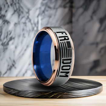 8 mm - Brushed Tungsten, with Blue/Plated 18 Kt Gold - BRP369C FREEDOM 8 mm - Brushed Tungsten, with Blue/Plated 18 Kt Gold - BRP369C FREEDOM
