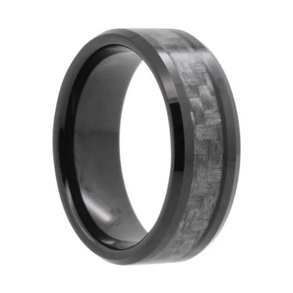 8 mm Mens Wedding Bands, Carbon Fiber in Tungsten - N555C