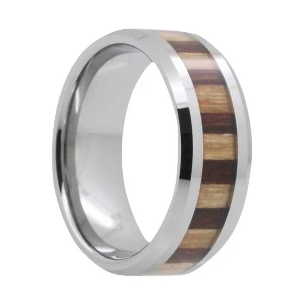 8 mm Mens Wedding Bands, Bamboo/KOA Wood Inlay Tungsten - E443C 8 mm Mens Wedding Bands, Bamboo/KOA Wood Inlay Tungsten - E443C