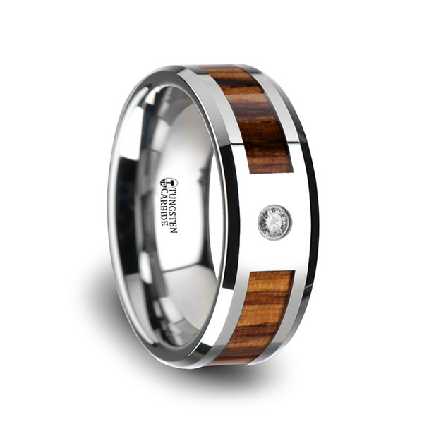 8 mm Tungsten Band with Zebra Wood Inlay/Diamond - S751TR