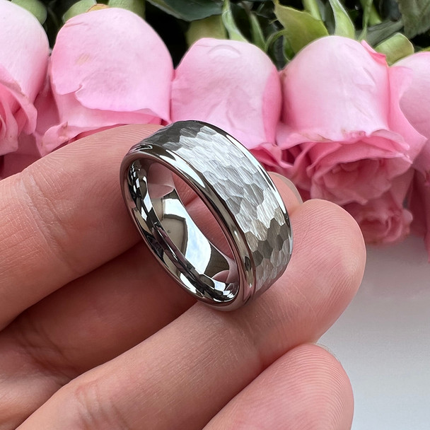 8 mm 18 kt. White Gold Tungsten Band with Hammered Finish - T049C