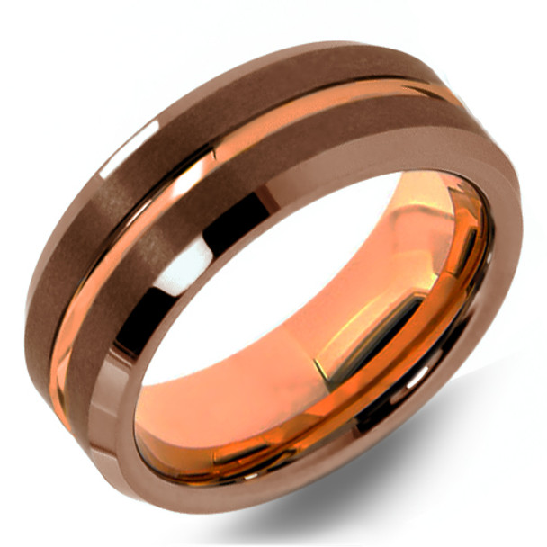 8 mm Brown Tungsten Band with Rose Gold Sleeve/Groove - BT808WG