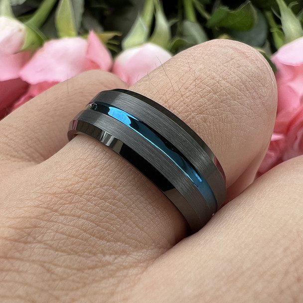 8 mm Black/Blue Tungsten Wedding Bands - BB164C