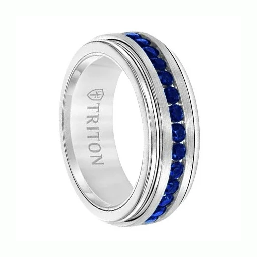 8 mm 1.5 cwt Dark Blue Sapphires Wedding Band White Tungsten - T715FG 8 mm 1.5 cwt Dark Blue Sapphires Wedding Band White Tungsten - T715FG