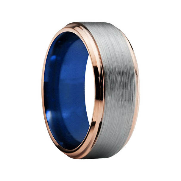 8 mm Mens Wedding Bands - Brushed Tungsten, with Blue/Gold - BRP369C