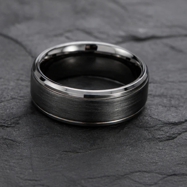 9 mm Mens Wedding Bands - Black/Silver Tungsten - J095SBC-9