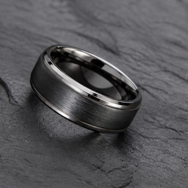 9 mm Mens Wedding Bands - Black/Silver Tungsten - J095SBC-9