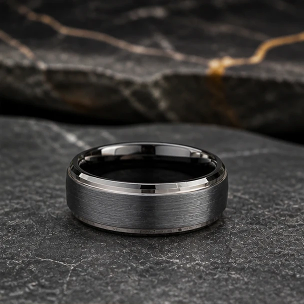 9 mm Mens Wedding Bands - Black/Silver Tungsten - J095SBC-9
