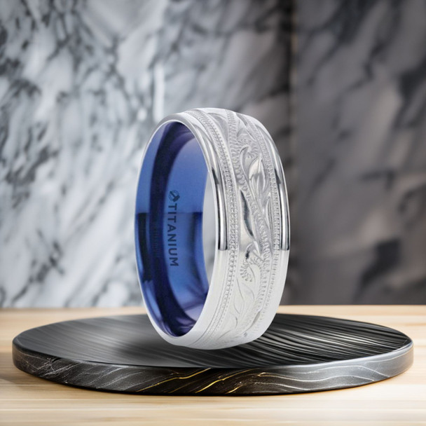 8 mm Blue Sleeve with Milgrain Design/Etching in Titanium - M749TR 8 mm Blue Sleeve with Milgrain Design/Etching in Titanium - M749TR