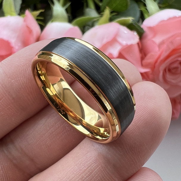 8 mm Black Tungsten/18 Kt Yellow Gold Wedding Bands - M713C