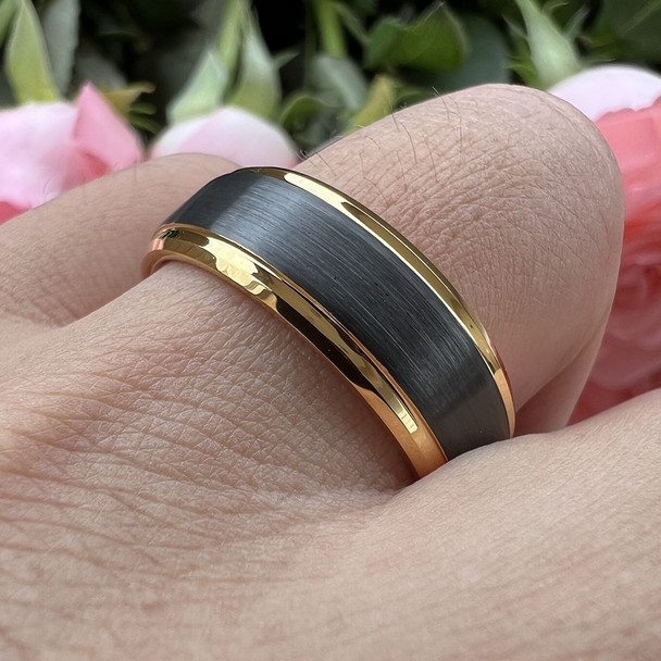 8 mm Black Tungsten/18 Kt Yellow Gold Wedding Bands - M713C